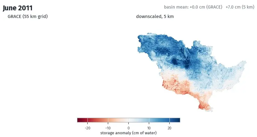 Animated side-by-side maps of GRACE at 55 km and the downscaled 5 km storage anomaly