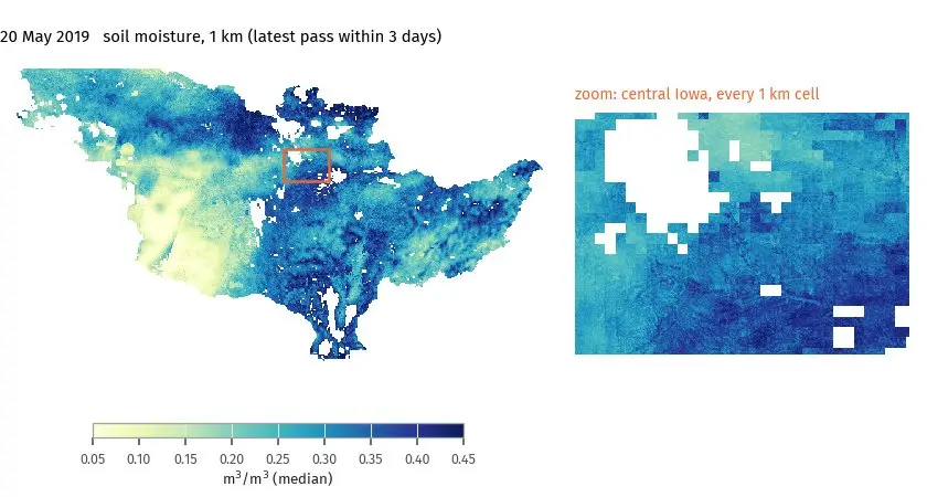 Animated daily 1 km soil moisture maps of the Mississippi River Basin with a zoom on central Iowa