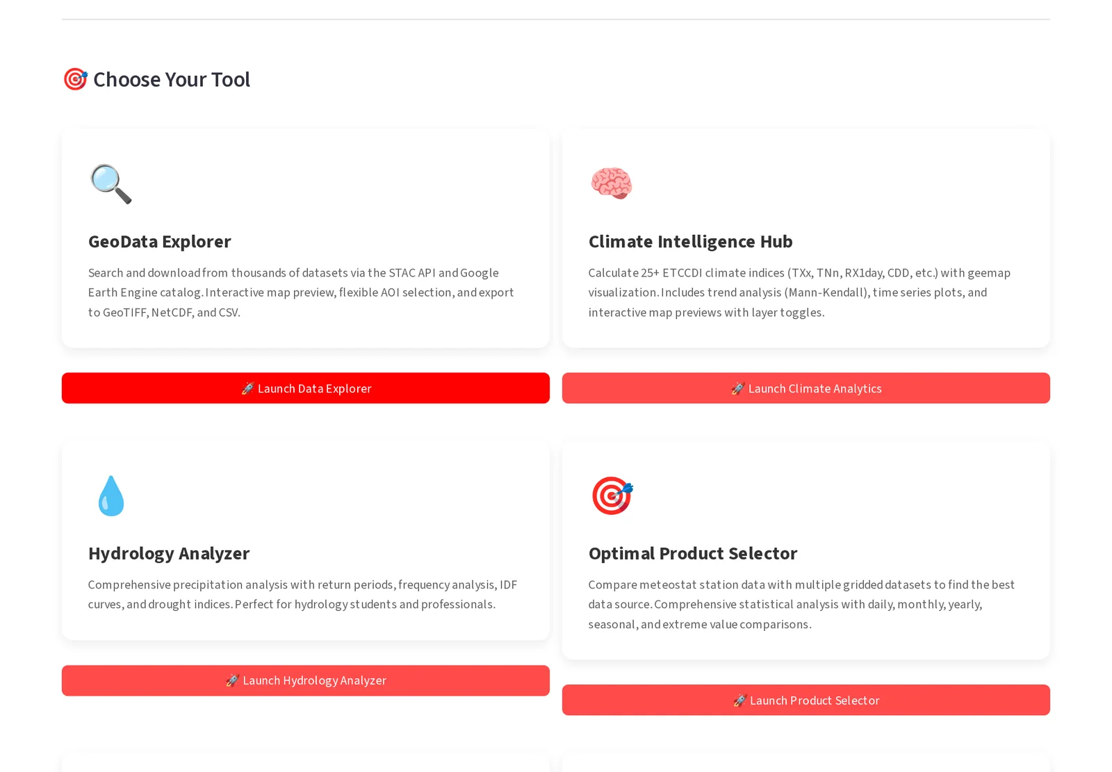 GeoClimate home page with tool cards for GeoData Explorer, Climate Intelligence Hub, Hydrology Analyzer, and Optimal Product Selector