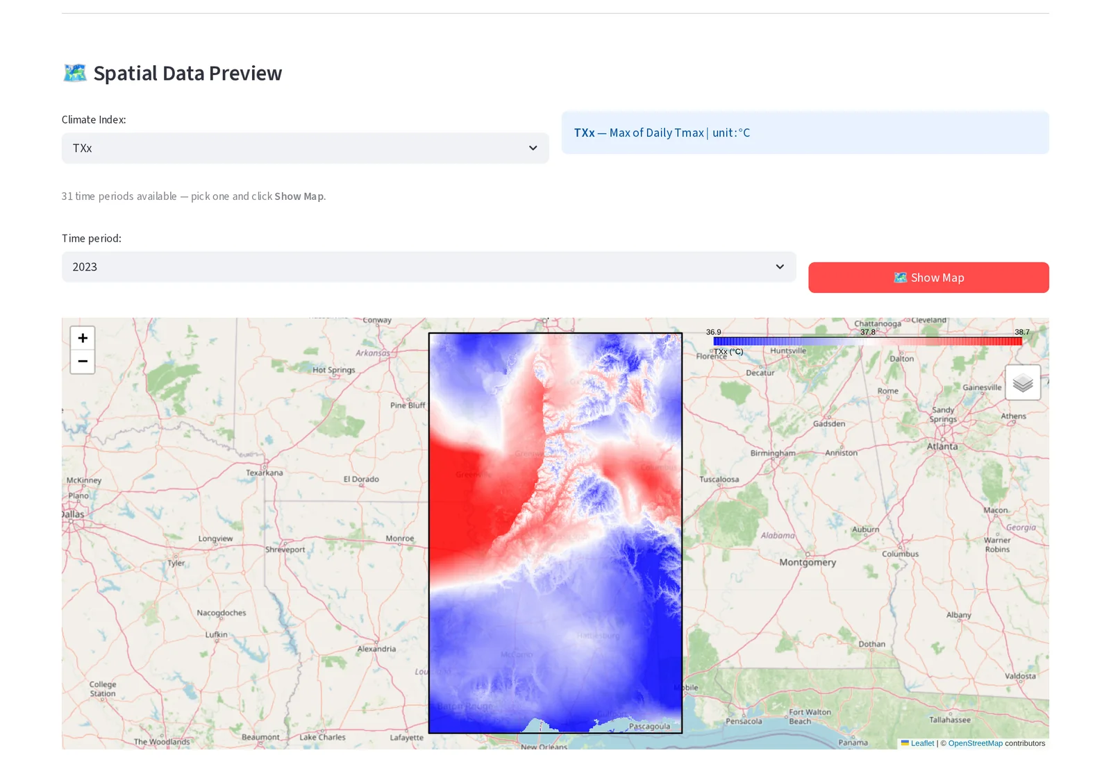 Map of the TXx temperature index over Mississippi for 2023