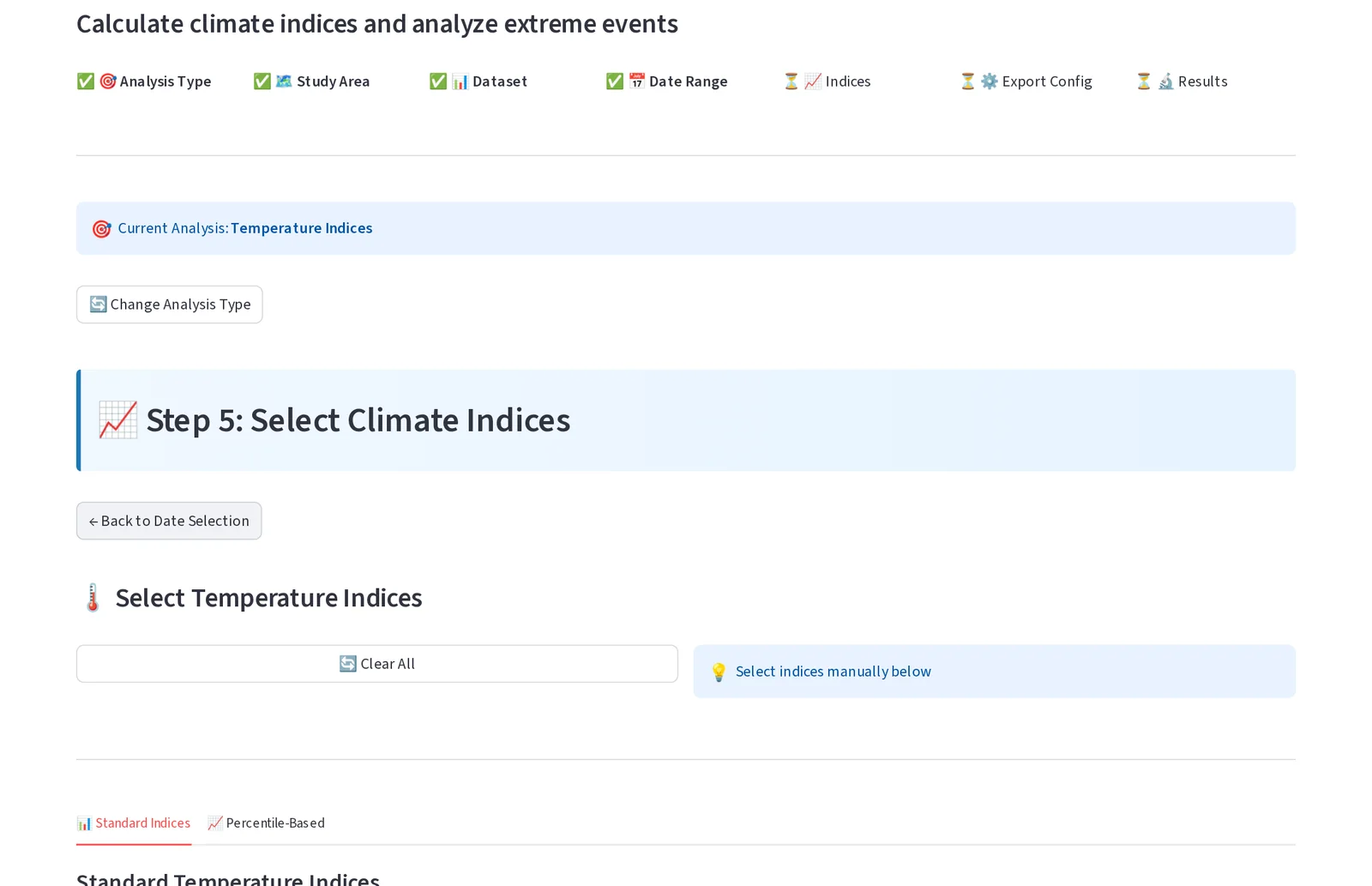 Climate Intelligence Hub showing the seven-step progress bar and the index selection step