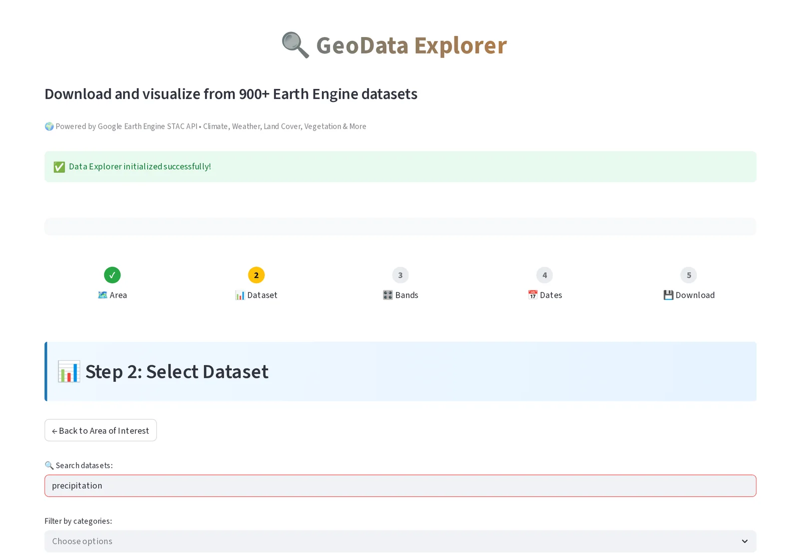 GeoData Explorer with the five-step progress bar and a dataset search box