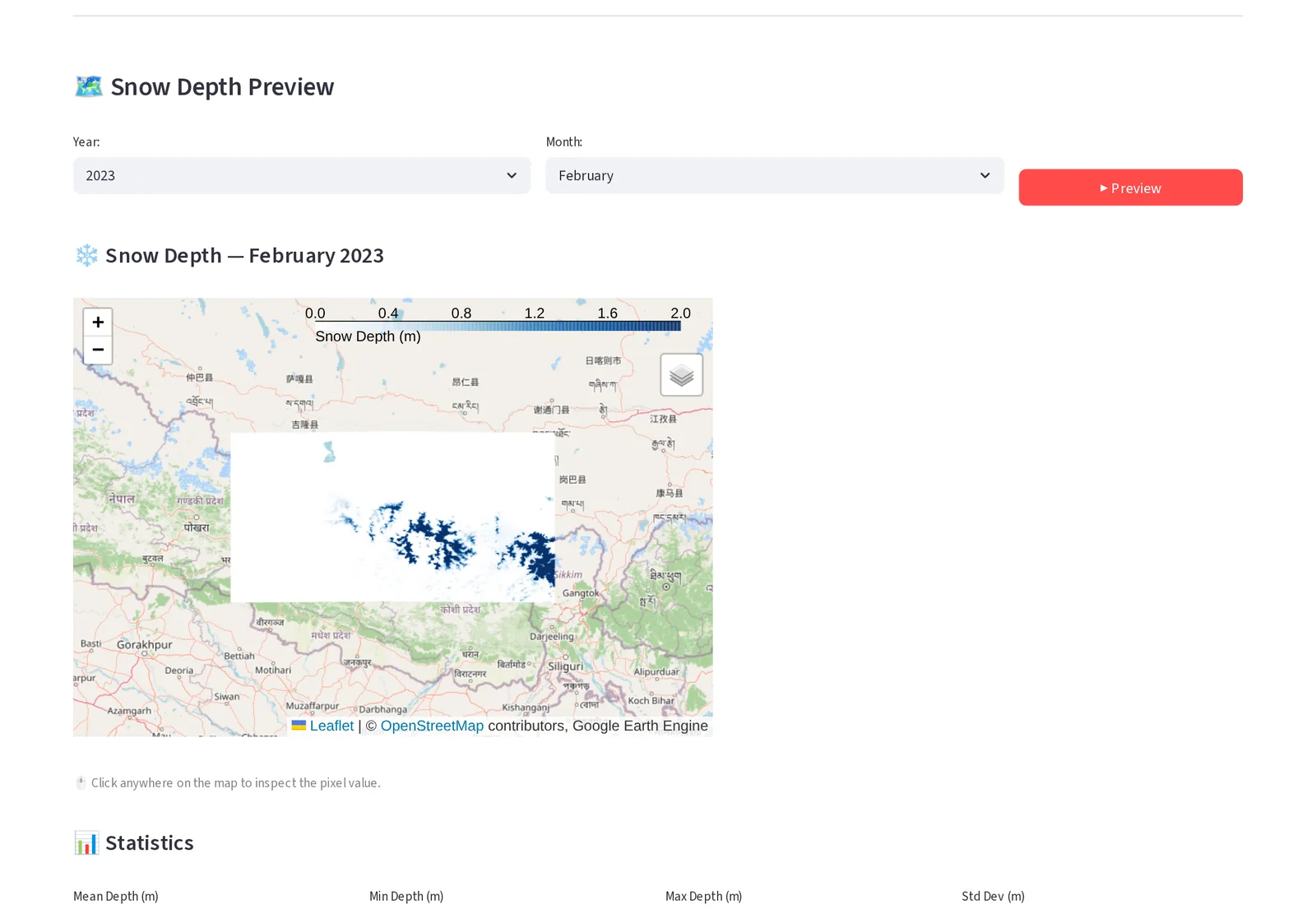GLOBAL-SAM snow depth map over the Nepal Himalaya for February 2023