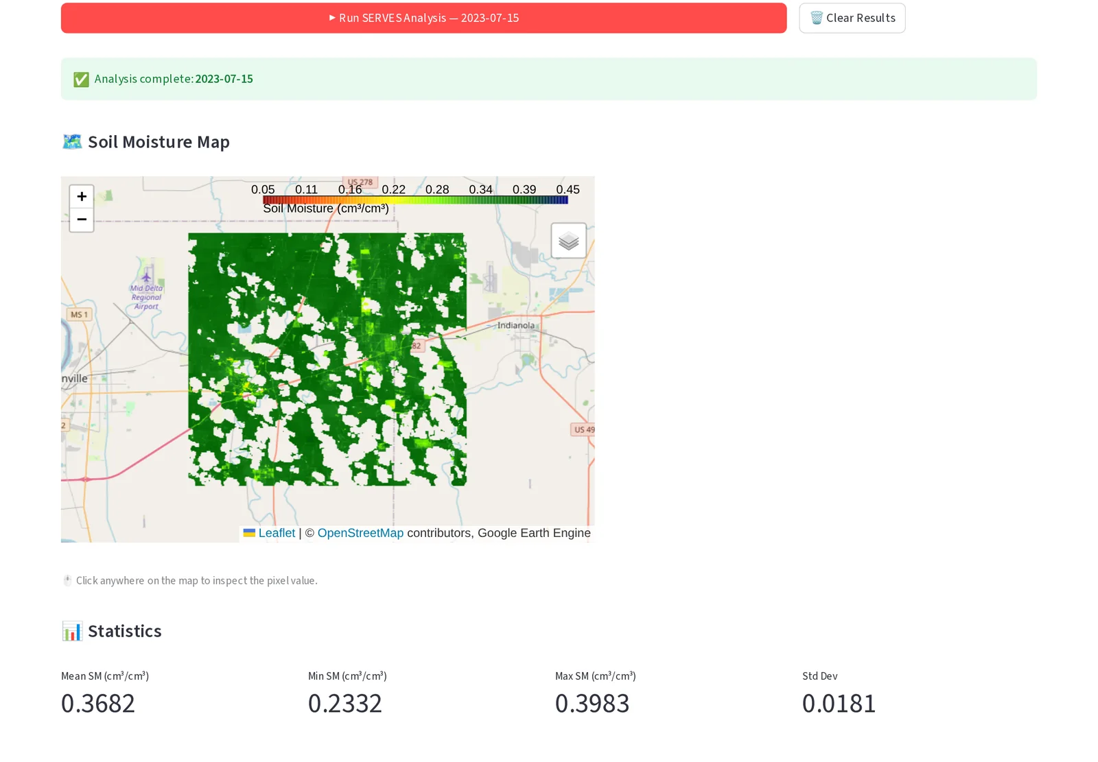 SERVES soil moisture map over farmland with summary statistics