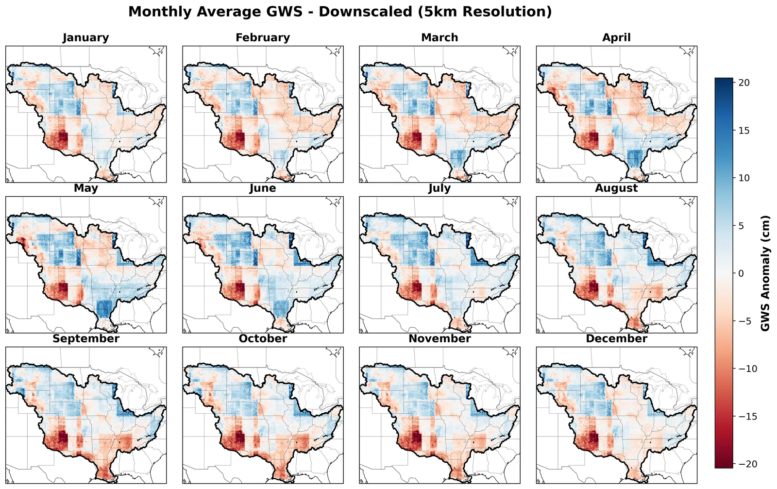 Twelve monthly maps of downscaled groundwater storage anomaly over the Mississippi River Basin at 5 km