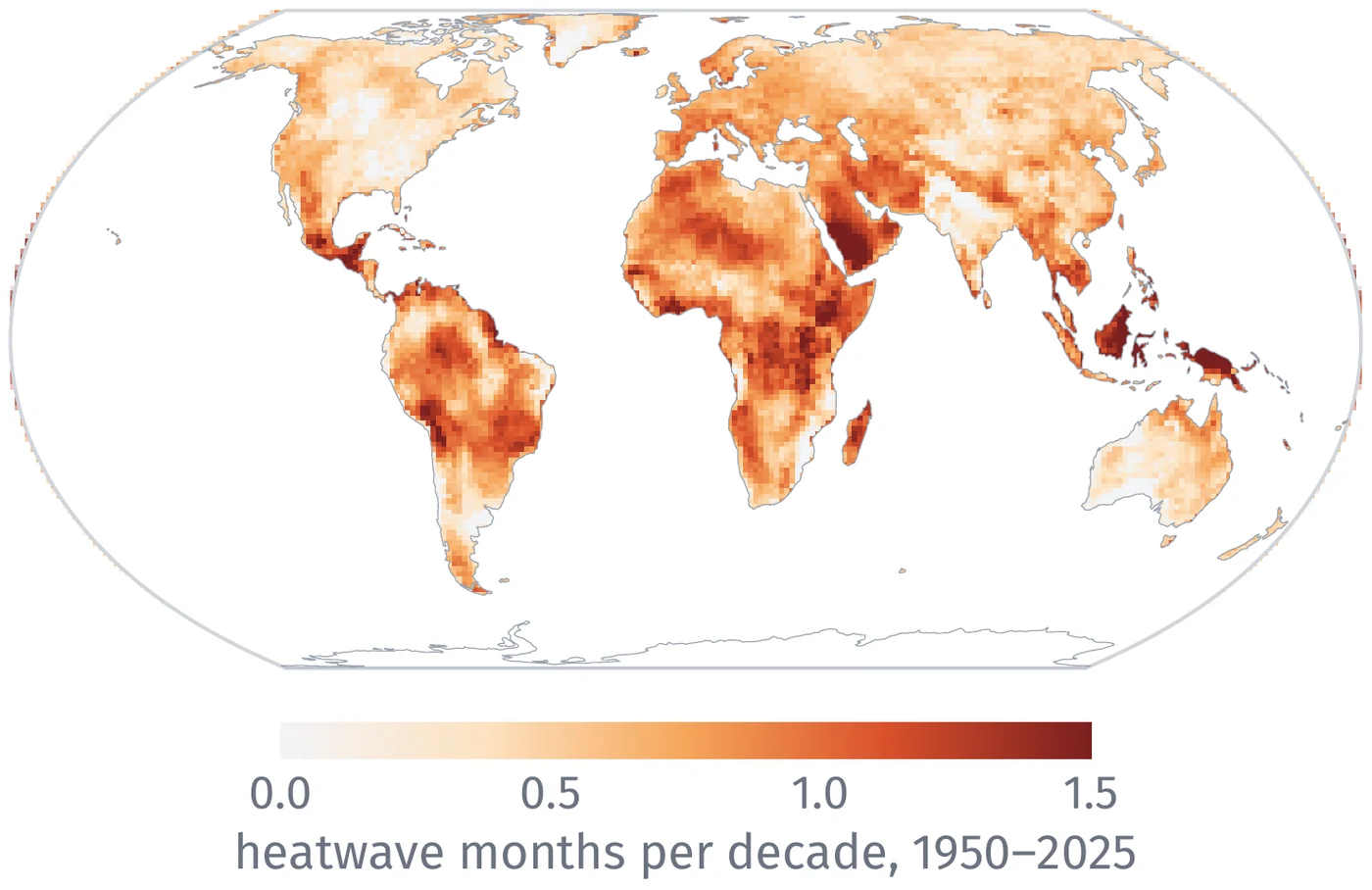 World map of the trend in heatwave months per decade from 1950 to 2025, rising almost everywhere