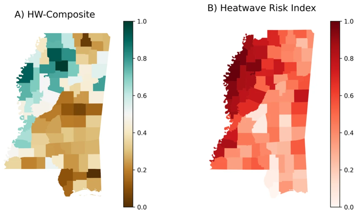 Two county maps of Mississippi: the composite heatwave index and the heatwave risk index, highest in the northwest